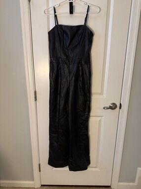 BCBG Black Faux Leather Strapless Jumpsuit with Spaghetti Straps
